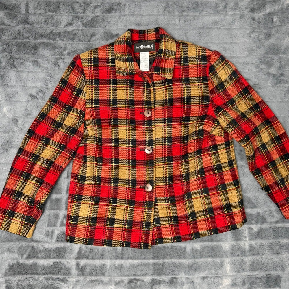 Sag Harbor Petite Plaid Blazer Womens 8 Red Mustard Yellow Button Front F12067